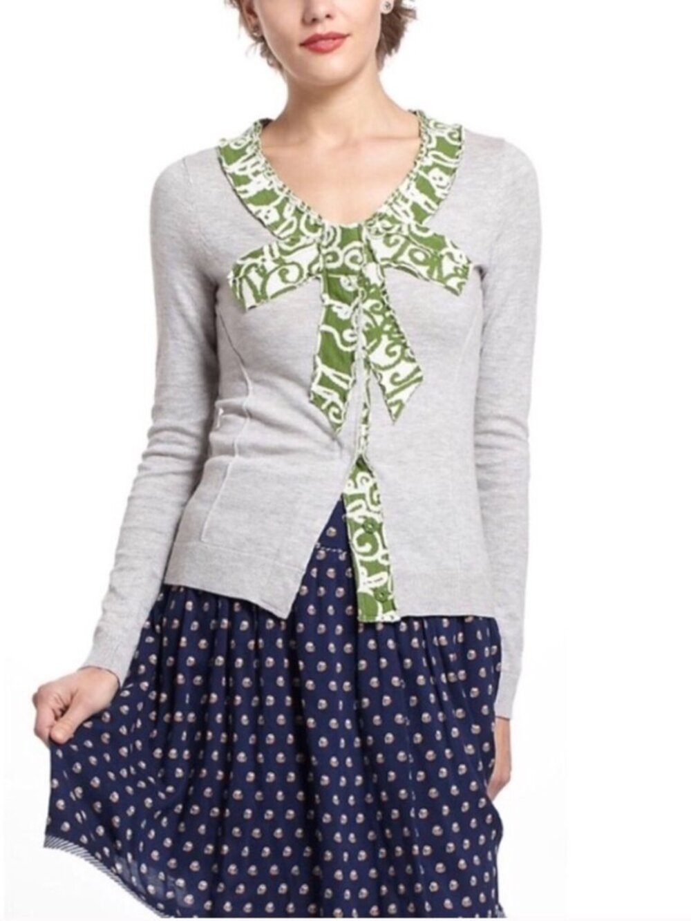 Anthropologie Moth Intarisa Snap Down Bow Appliqué Cardigan Small Y2K Retro